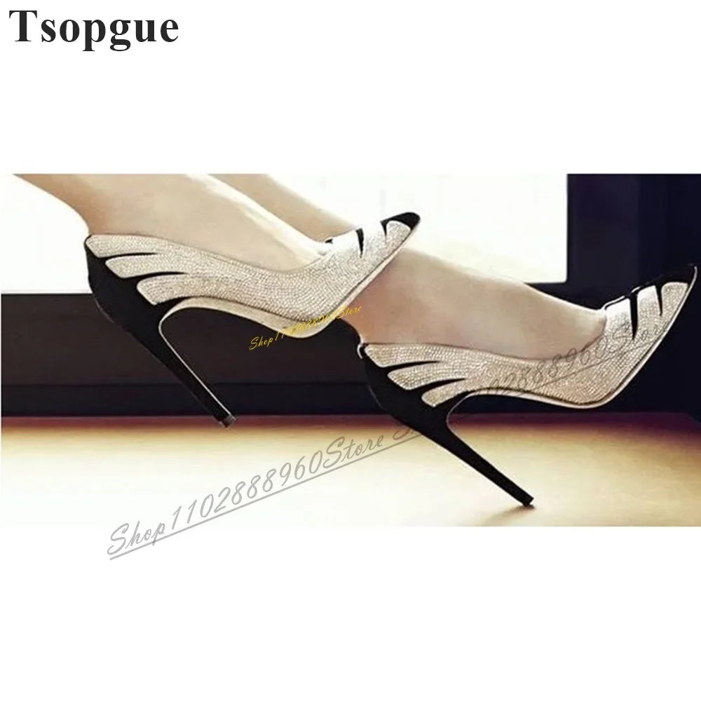 Stylish Mixed Splicinfg Bling Crystal Pumps Thin High Heel Shoes For Women Slip On Pointed Toe 2024 Fashion Zapatos Para Mujere