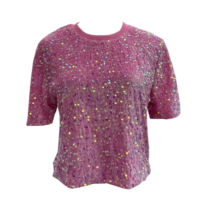 Spicy Girl Pink Sequins Short Sleeve T-shirt Round Neck Slimming Crop Top Blingbling Sexy Nightclub Multi Color Casual Tees