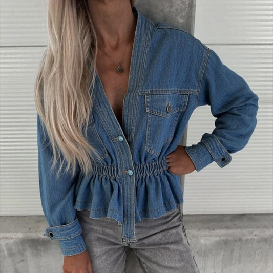 Retro Spring Long Sleeved Commuting Denim Jacket Elegant Solid Waist Pocket Coat Ladies Casual V-neck Single Breasted Outerwear