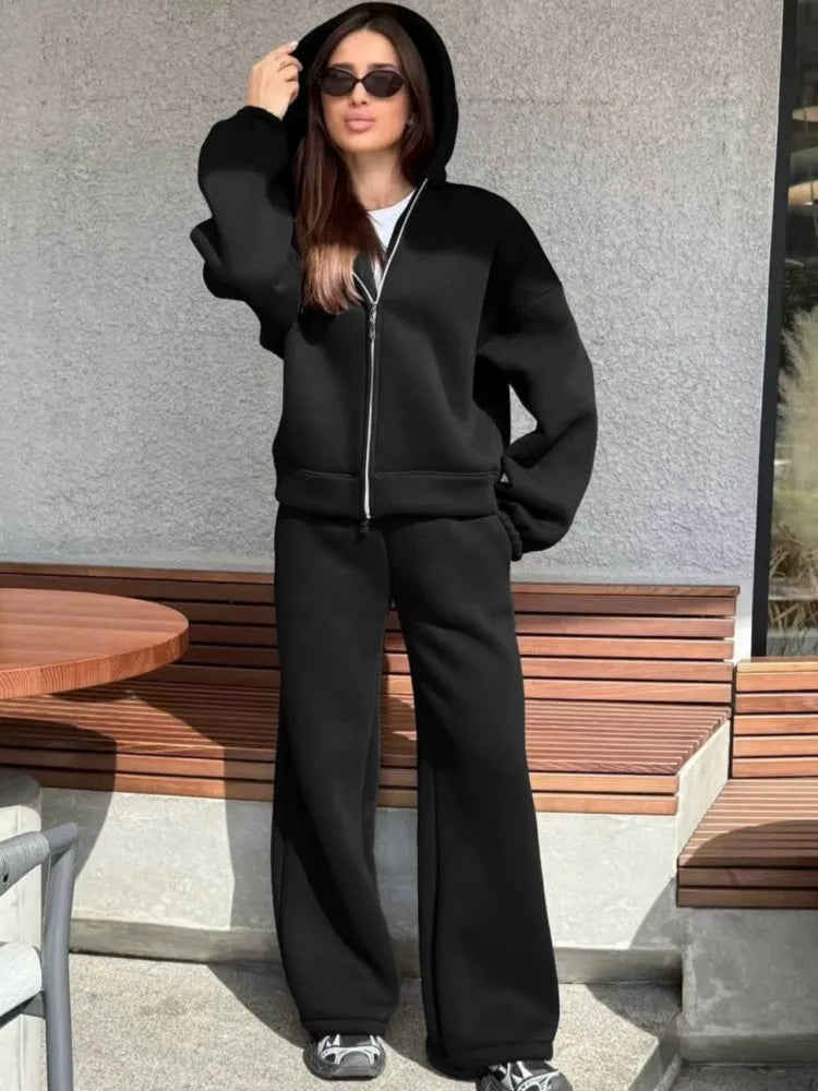 Hooded Loose Two Piece Top and Pants Set for Women