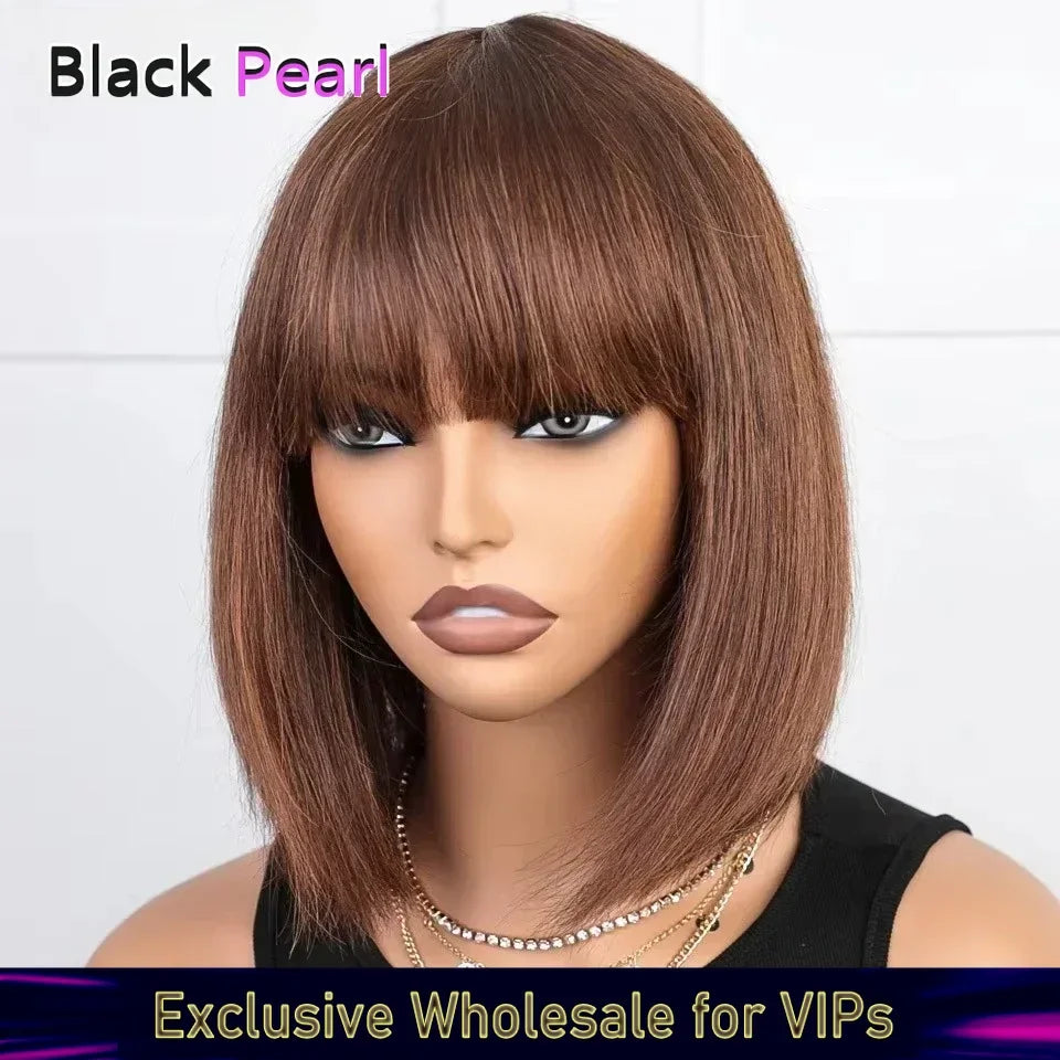Short Straight Human Hair Bob Wig With Bangs for Women