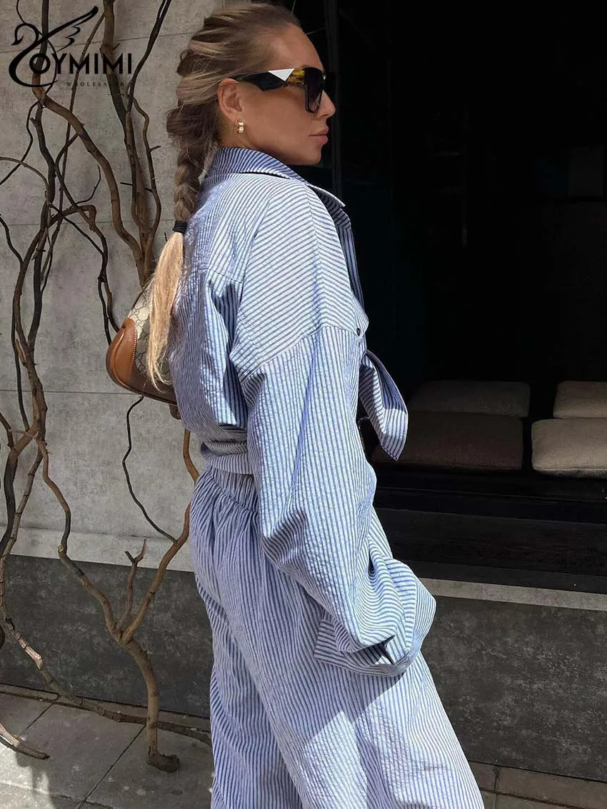 Oymimi Casual Dark Blue Print Women's Two Pieces Set Elegant Long Sleeve Button Shirt And Low Waist Straight Trousers Female Set