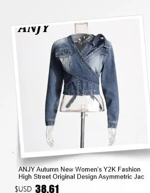 ANJY Autumn Winter New Women European Trendy Padded Coat Heavy-Duty Denim Patchwork Pocket Color-Block Hooded Down Jacket A12508