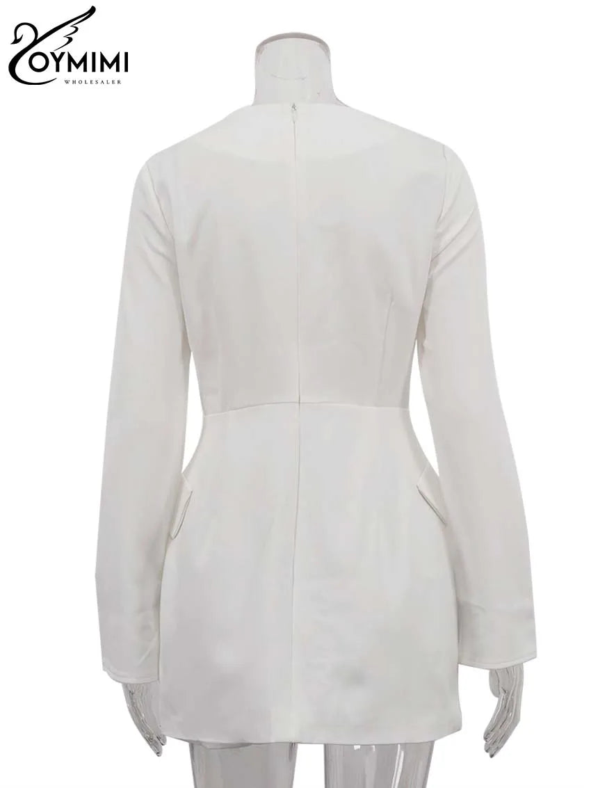 Oymimi Casual White O-Neck Dresses For Women Elegant Long Sleeve Slim Pockets Dresses Autumn Straight Mini Dress Female Clothing