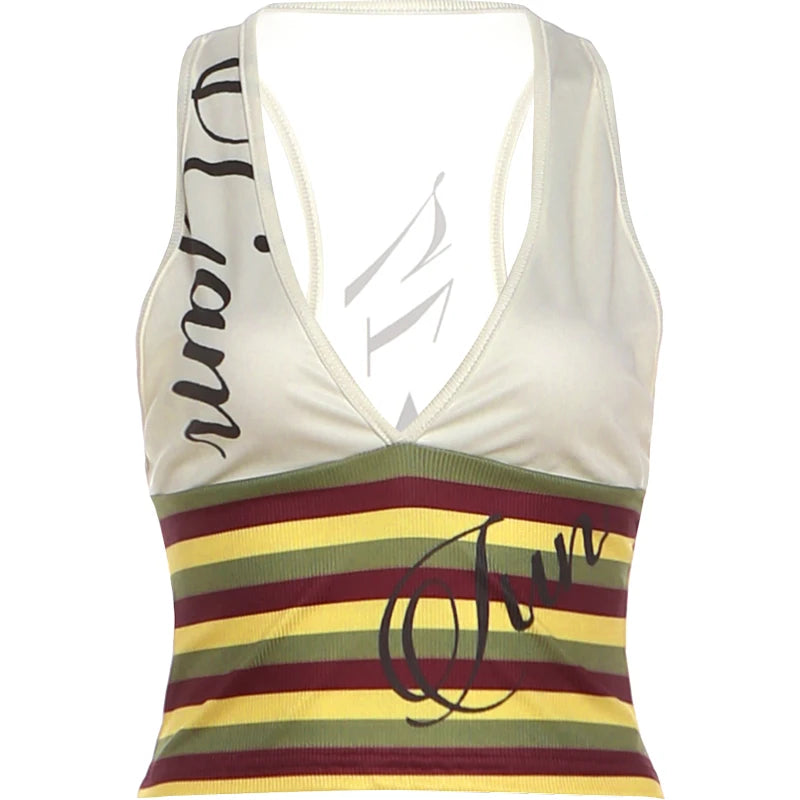 Patchwork Stripe V Neck Backless Tank Top for Women