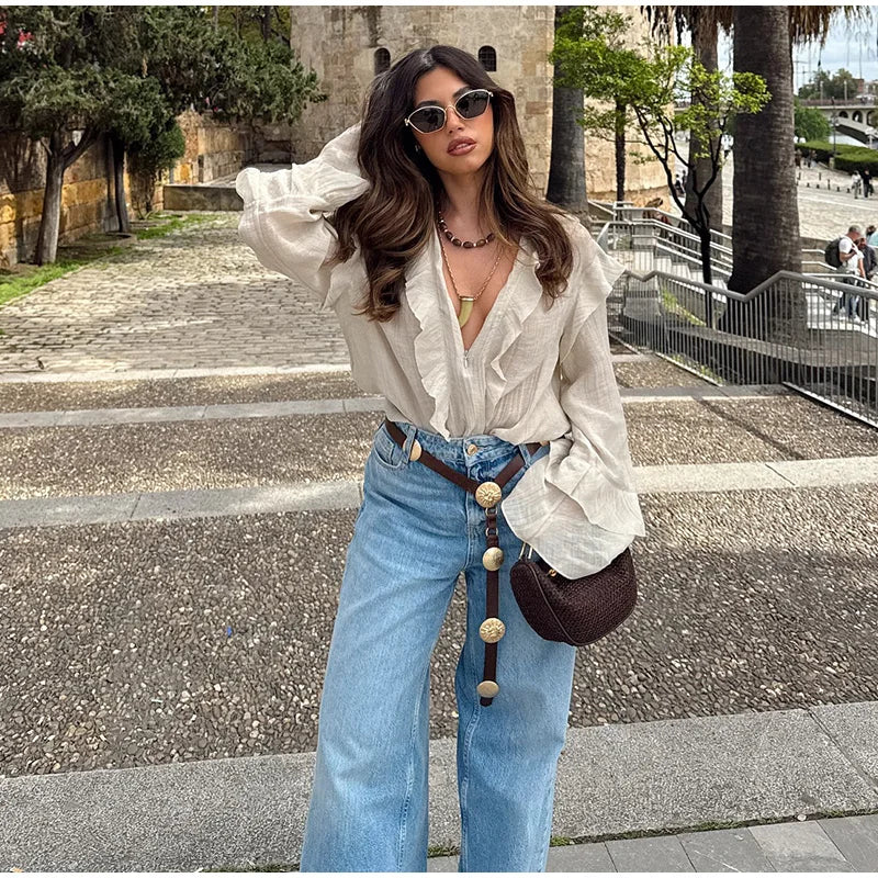 Women Shirt Loose Casual Ruffled Edges Female Blouses V Neck Lace Up Short  Woman Shirts Spring Summer Blouse Top 2025 New