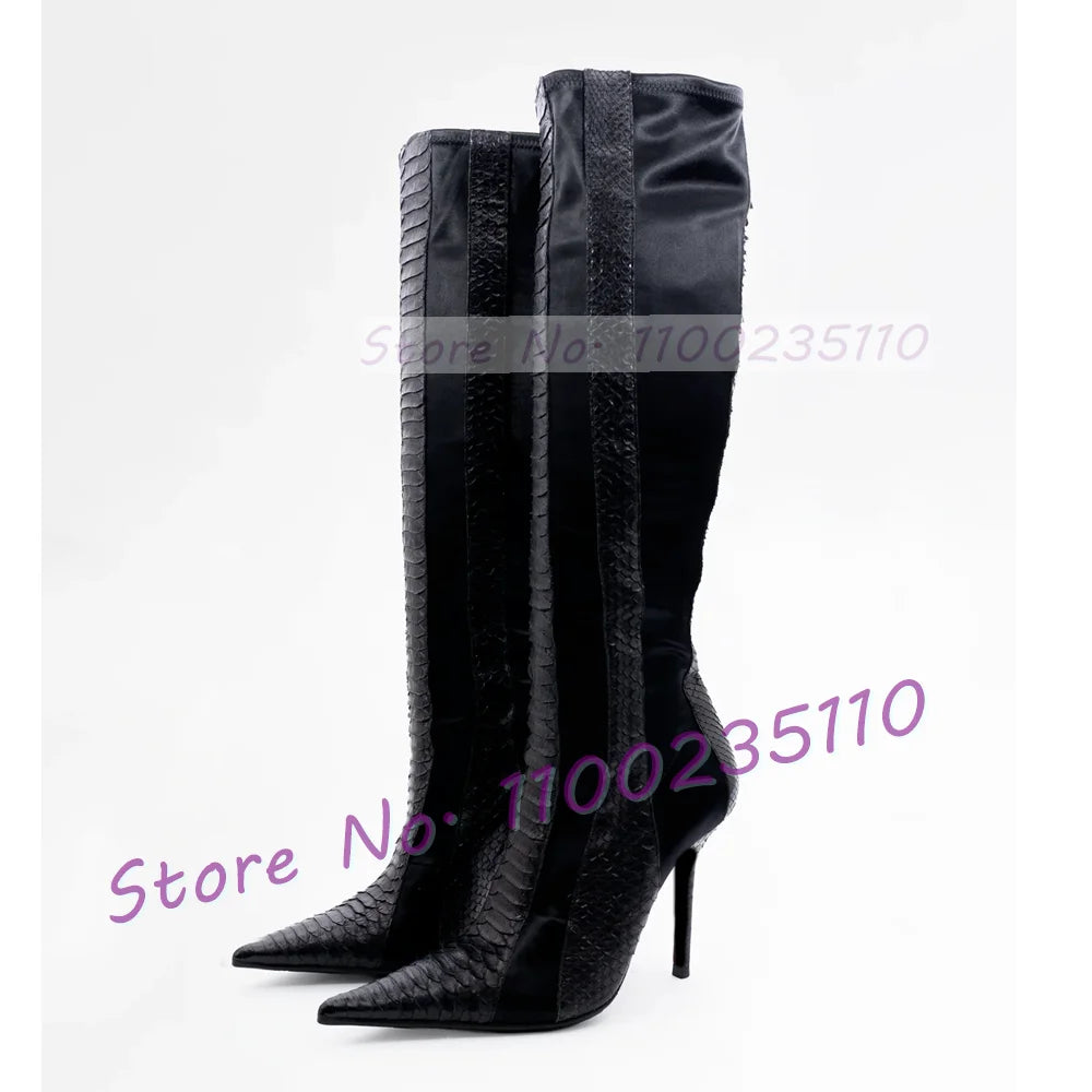 Black Python Leather Splicing Knee High Boots With Slim Stiletto Heel For Women