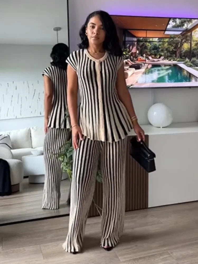 Joskaa 2025 Women's Striped Knit Two Piece Set Casual O-Neck Sleeveless Sweater Vest and Flared Pants Matched Vintage Streetwear
