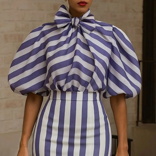 Beautyblue Blue Striped Shirts for Women Commuter Blouses 2025 Elegant Loose Bow Tie Puff Sleeves Bowknot High Neck Female Tops