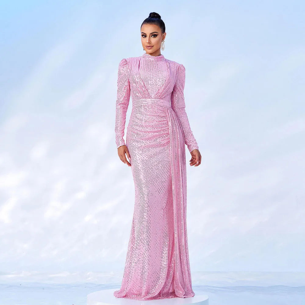 Elegant Sequined O-Neck Long Sleeve Floor Length Dress For Women