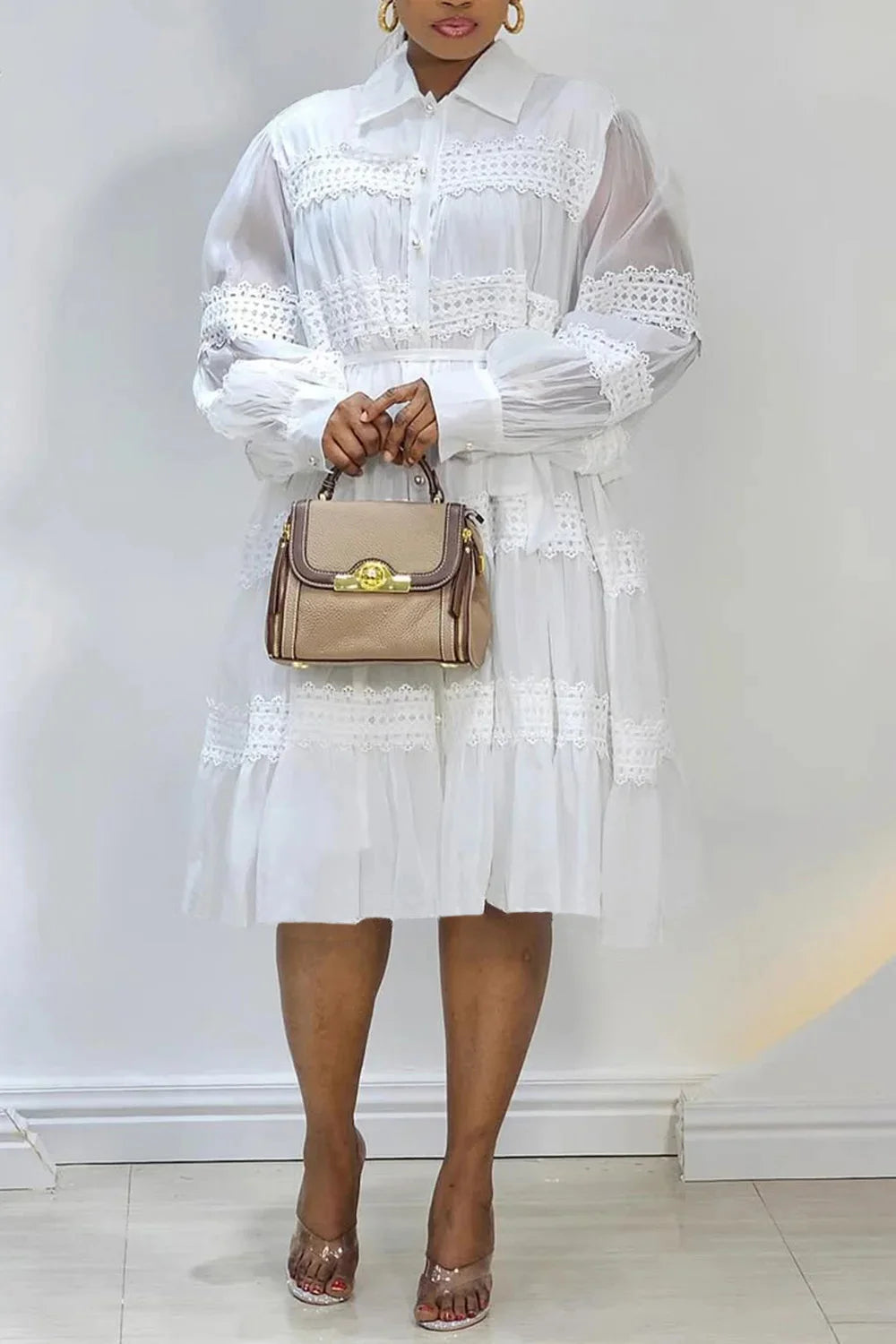 Plus Size Business Casual White Elegant Shirt Collar Lantern Sleeve Long Sleeve See Through Contrast Midi Dresses