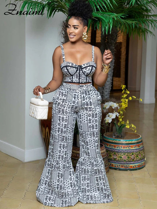 Znaiml Sexy Spaghetti Strap Backless Crop Top and Flare Pants 2 Pieces Set Woman Fashion Black White Print African Outfits 2025