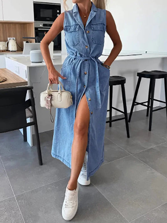 Single-Breasted Lace-Up Cardigan Dress, Women Summer Denim Style Sleeveless Maxi Dress, 2025 Solid Turn-Down Collar Ladies Dress