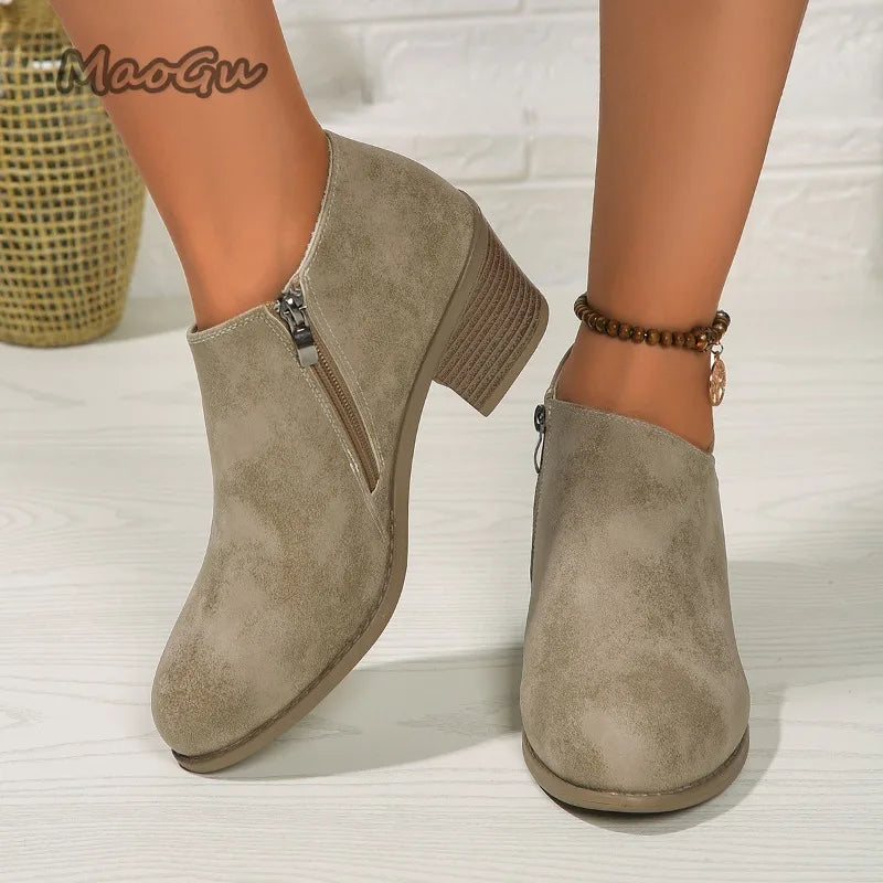 Elegant Suede Side Zipper Square Heel Ankle Boots for Women