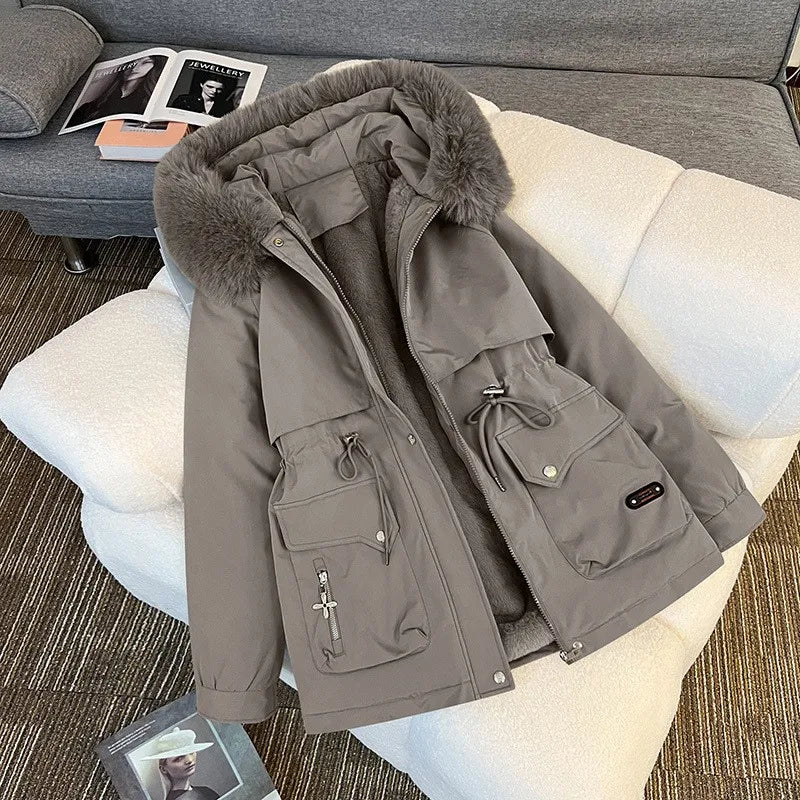 Korean Style Quilted Hooded Coat With Fur Collar For Women
