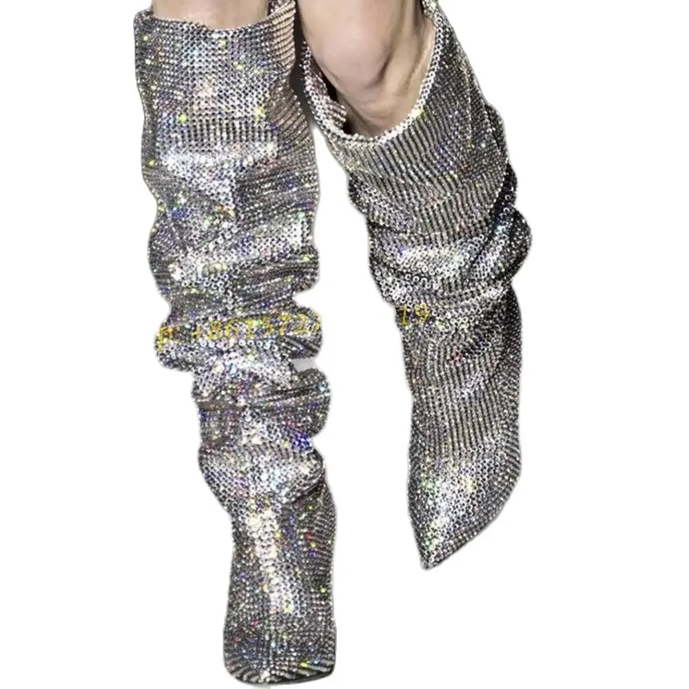 Elegant Crystal Pleated Knee High Wedge Boots for Women