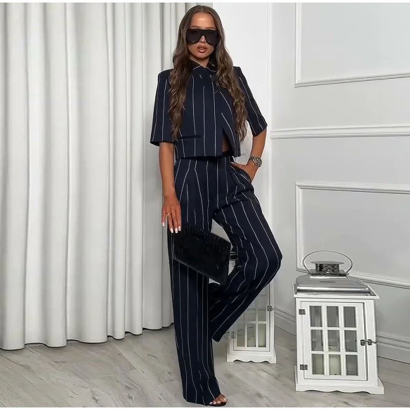 Elegant Striped Two Piece Coat and Pants Set for Women