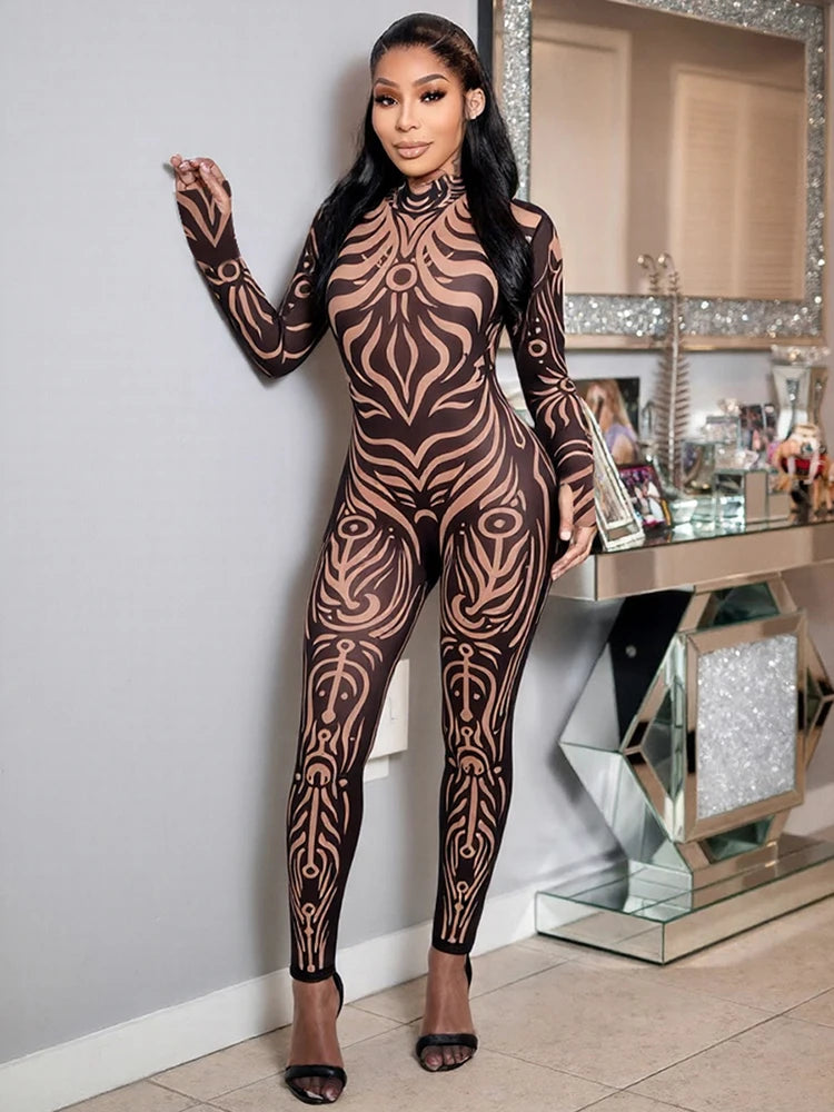Nibber See Through Jumpsuit Women High Neck Vintage Print Long Sleeve Stretch Skinny Sexy Midnight Fashion Wild Street Outfits
