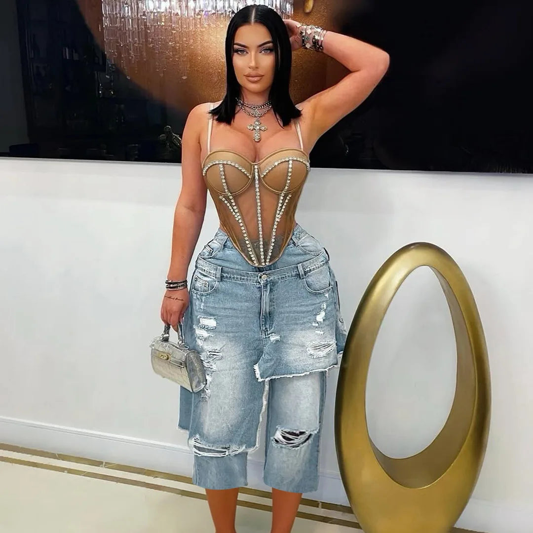 Ripped Ruffle High Waisted Denim Cargo Shorts for Women