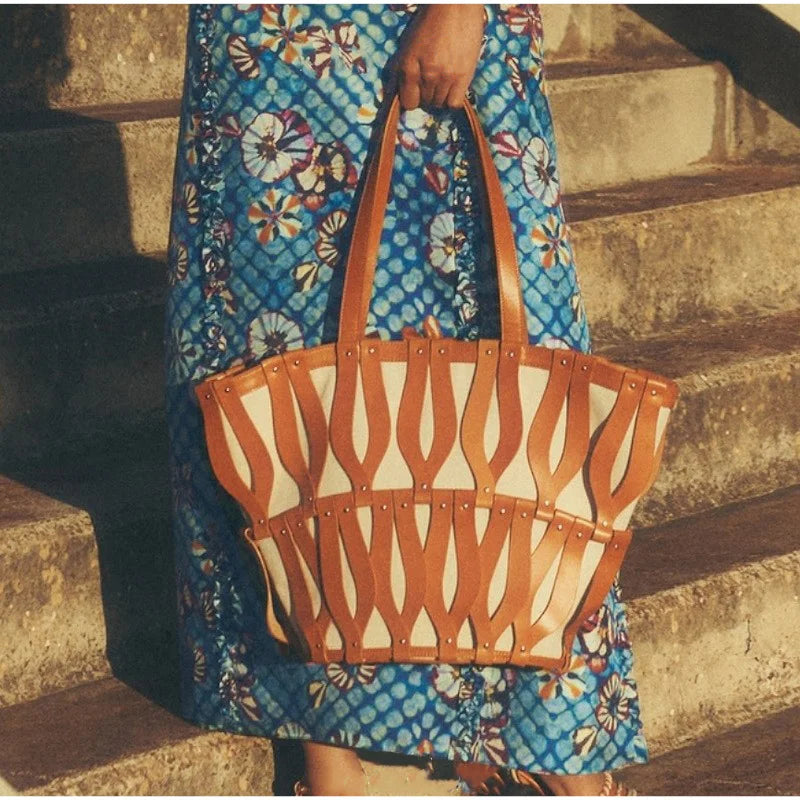Hollow Fashion Woven Shoulder Bag Brand Retro Large Capacity Tote Bag Texture Contrast Color Canvas Handbag Beach Bag Women Bag