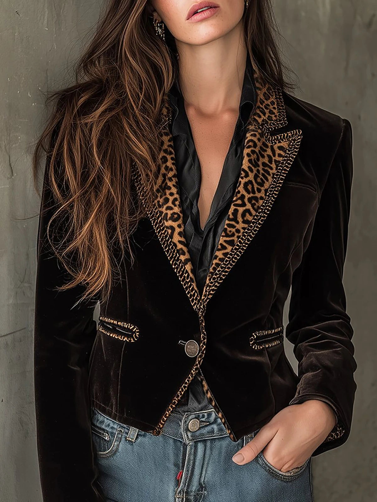 Elegant Leopard Print Velvet Blazer Jacket for Women