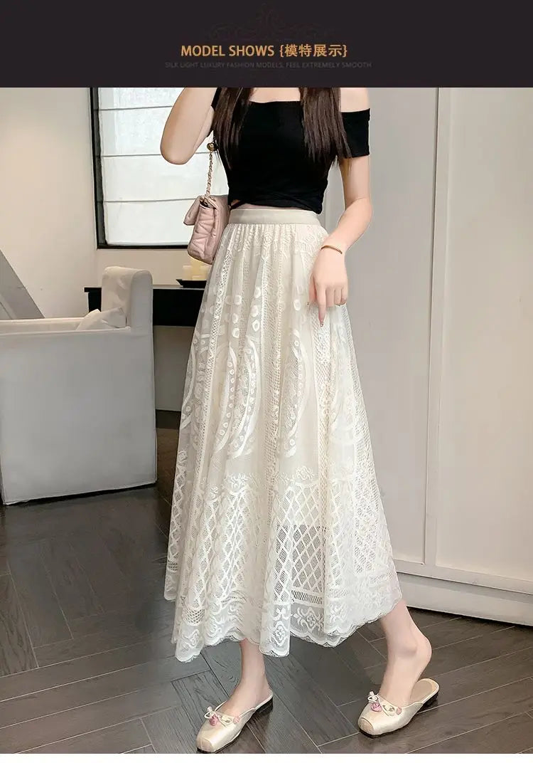 High Waisted Lace A Line Swing Midi Skirt for Women