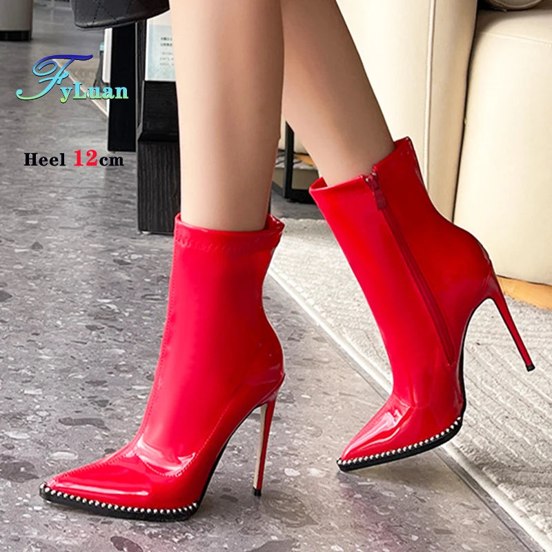 Elegant Rhinestone Bordered Side Zipper High Heel Ankle Boots for Women