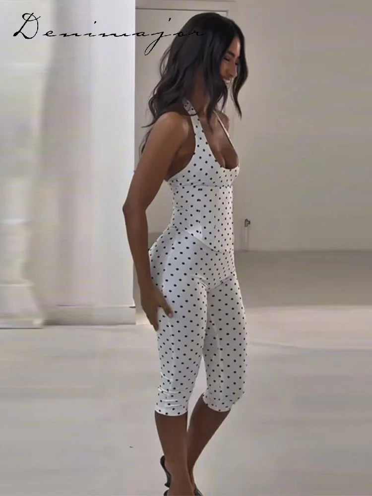 Polka Dot Halter Corset Top and Cropped Pants Set for Women