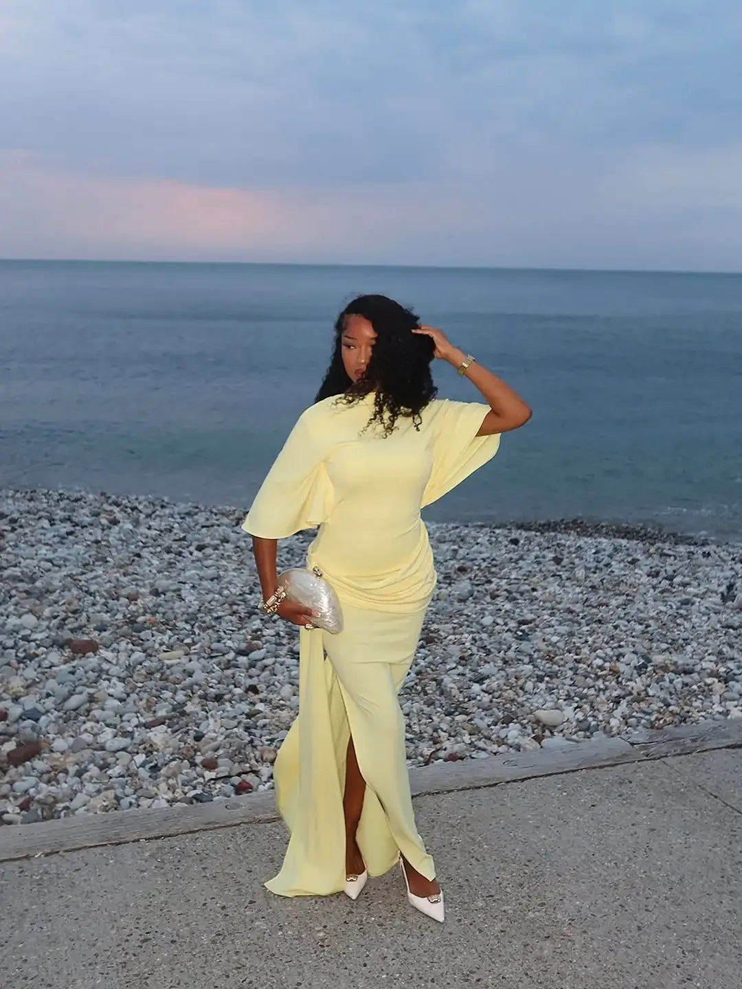 Yellow Backless Slit Evening Dress With Cinched Waist For Women