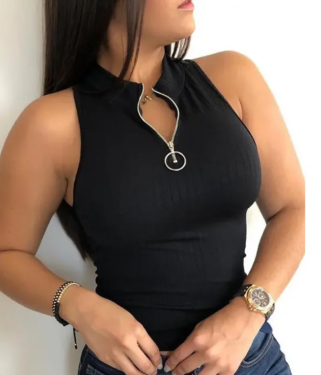Ribbed Stretch Tank Top With Stand Collar and Zipper for Women