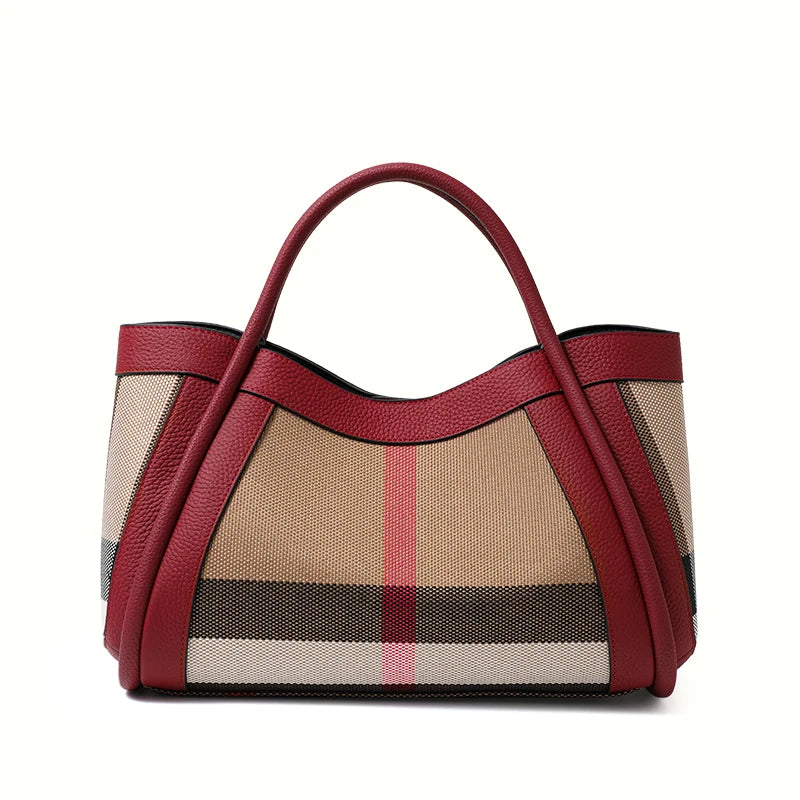 Retro Checkered Large Capacity Canvas And Leather Handbag for Women