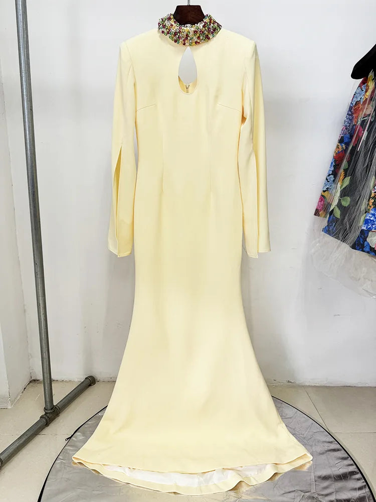 HIGH STREET Newest Fashion 2026 Designer Party Vestido Women's Stand Collar Formal Cape Sleeve Diamonds Beading Long Maxi Dress