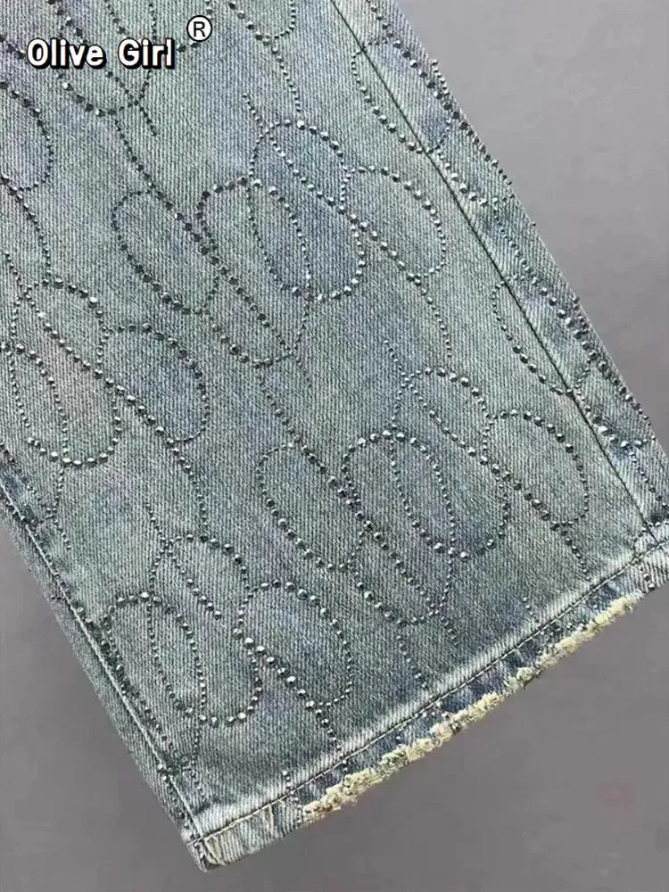Diamond Rhinestone High Waist Wide Leg Denim Jeans for Women