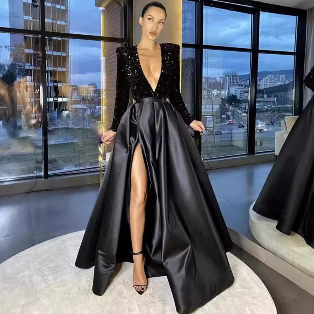 Sequin Deep V Neck Floor Length Evening Dress for Women