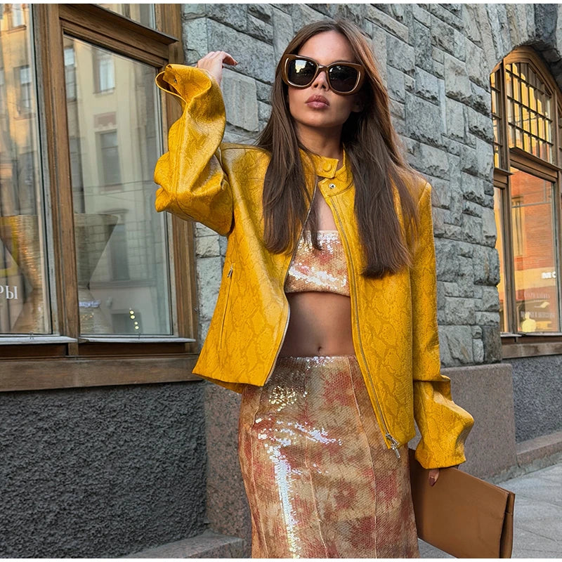 Retro Snake Print Faux Leather Cropped Jacket for Women