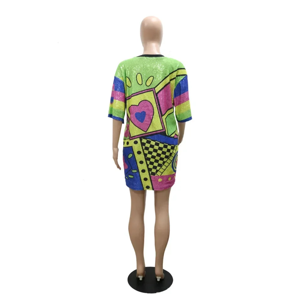 Women O Neck Loose Mini Dress Shirt Fashion Casual Sequined Printed Long Sleeve Party Club Dress