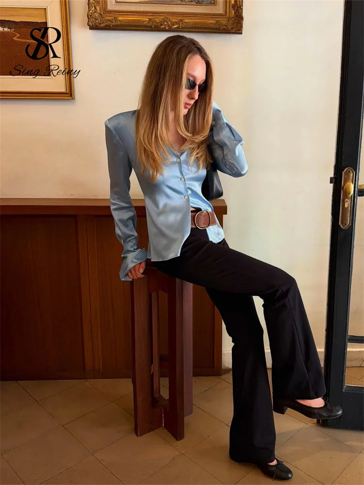Slim Fit Satin Long Sleeve Button-Up Blouse for Women