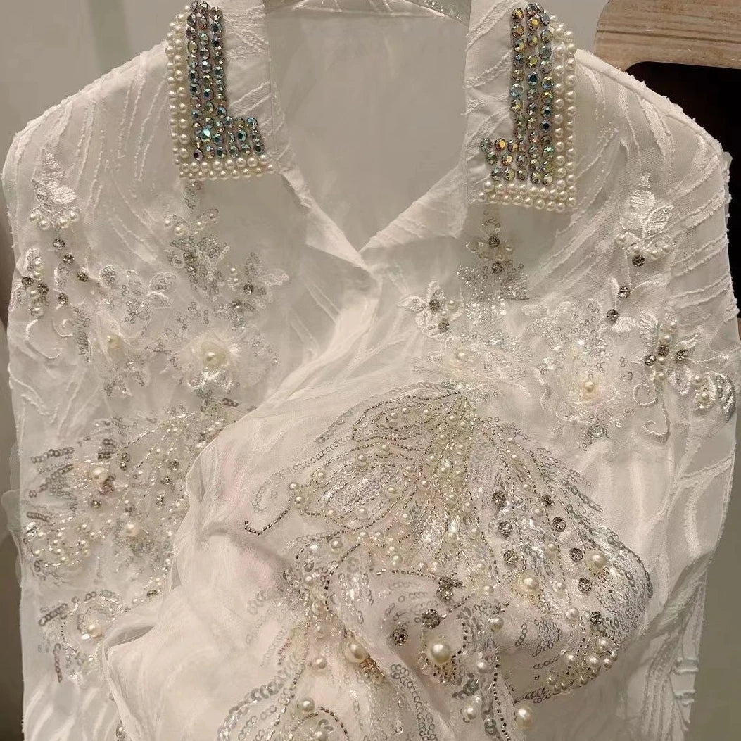 Sequined Embroidery Chiffon Long Sleeve Blouse for Women