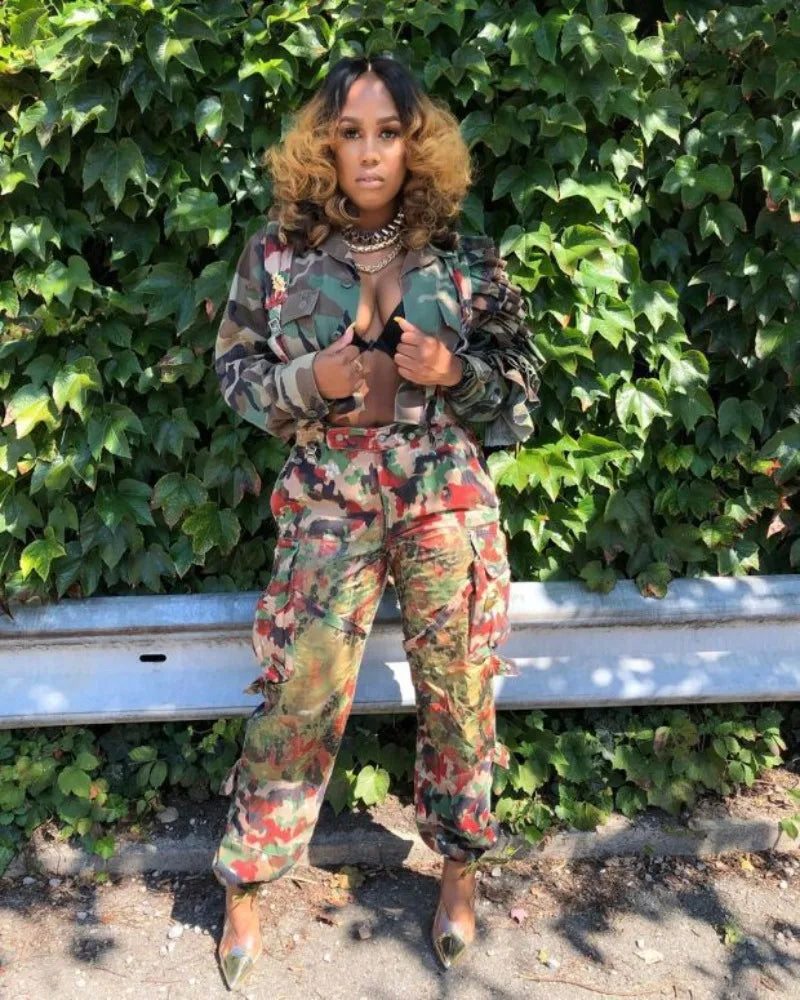 Cascading Ruffled Camouflage Crop Jacket for Women