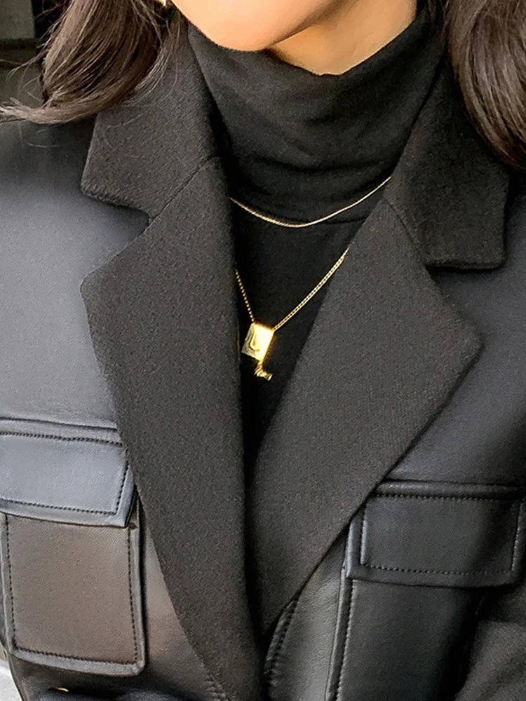 Black Patchwork Faux Leather Jacket With Pockets For Women