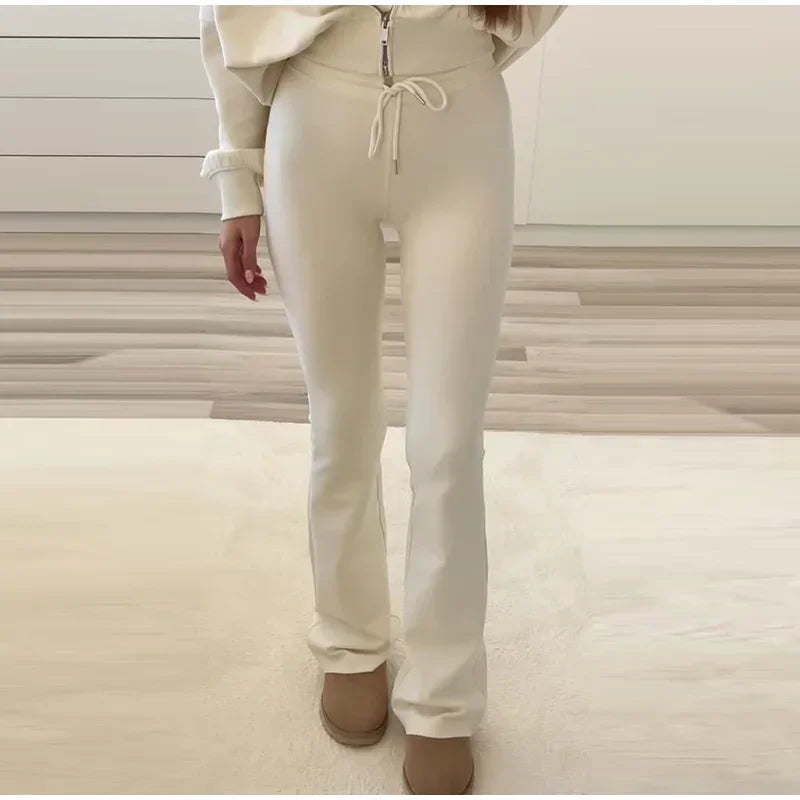 Solid Zip Front Coat and Trousers Two Piece Set for Women Autumn
