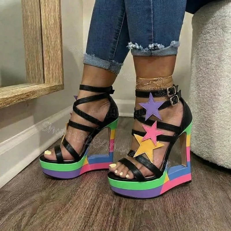 Open Toe Colorful Star Platform Sandals With Buckle Straps For Women