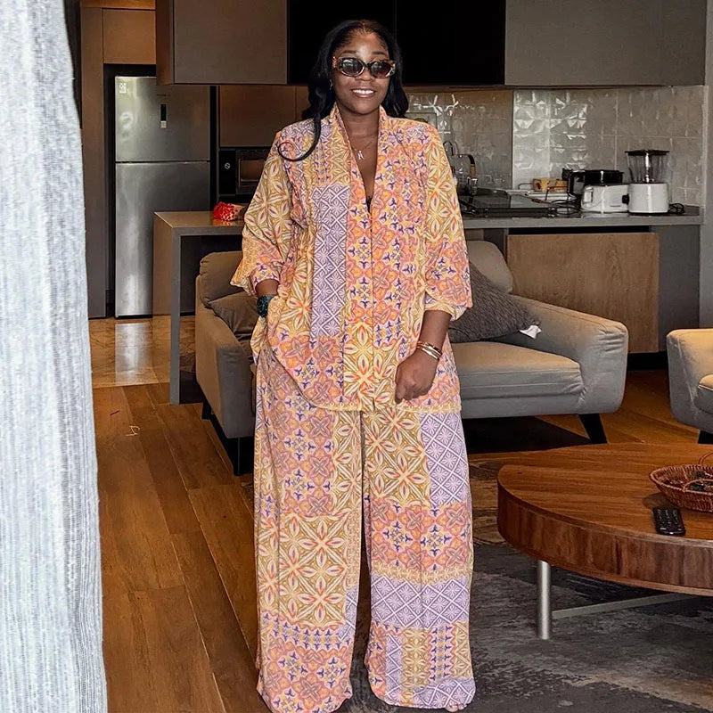 Casual Print Long Sleeve V-Neck Top Wide-Leg Trousers Two-Piece Set for Women