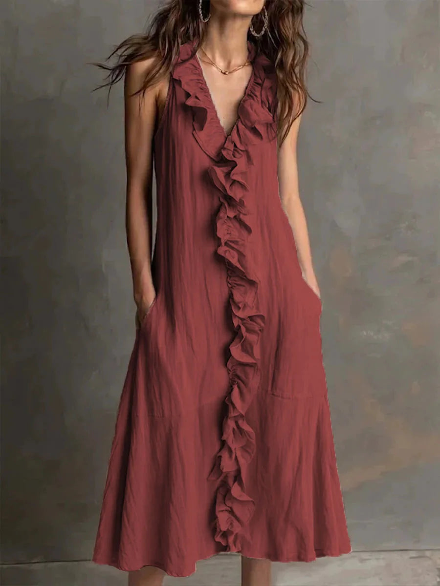 Solid Color Ruffle Trim V Neck Sleeveless Midi Dress with Pocket for Women