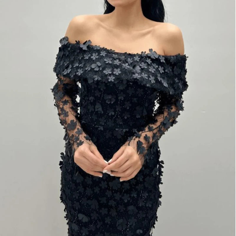 Floral Mesh Off Shoulder Slim Fit Party Long Dress for Women
