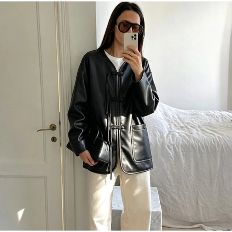 Autumn Winter Pu Leather Moto Jacket With Long Sleeve for Women