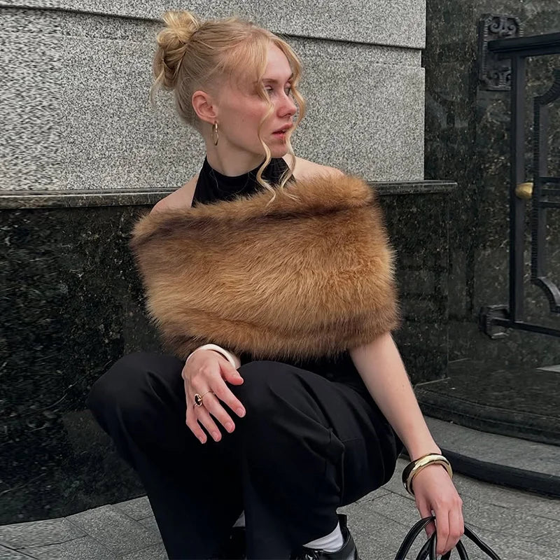 Long Thick Plush Faux Fur Scarf With Fringe for Women