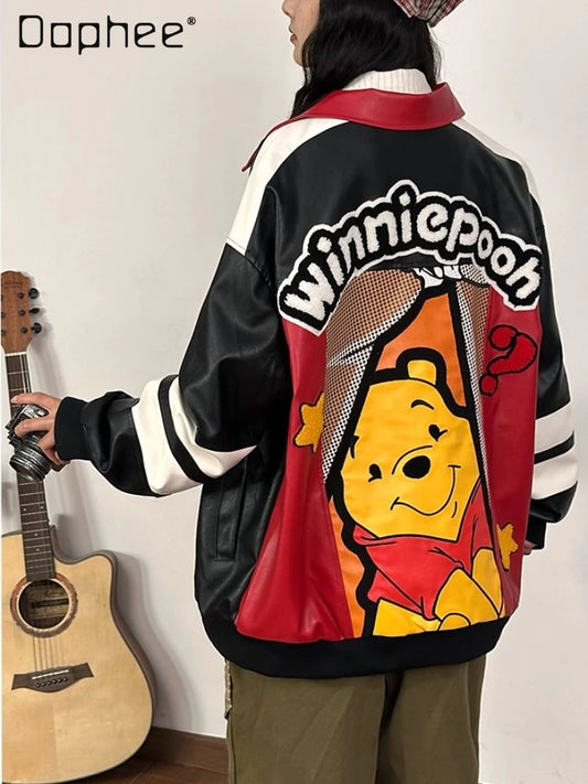 American Retro Bear PU Leather Jacket for Women Autumn and Winter Casual Loose Top Loose-Fitting Casual Couple Leather Jacke