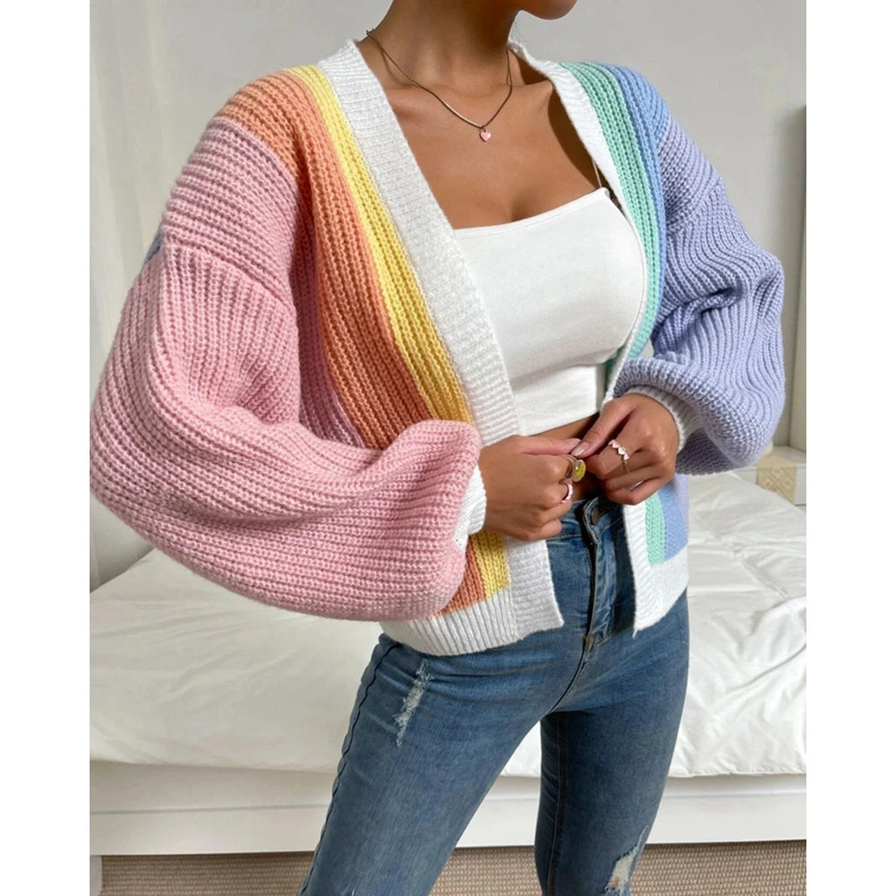 Autumn Women Rainbow Open Stitch Sweater Knitted Cardigan Fashion Long Sleeve Colorblock Striped Longline Casual Long Coat