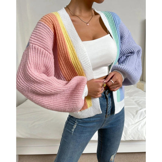 Autumn Women Rainbow Open Stitch Sweater Knitted Cardigan Fashion Long Sleeve Colorblock Striped Longline Casual Long Coat